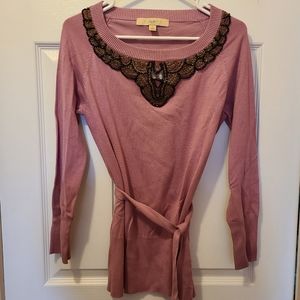 Sweater with Waist Tie and Beaded Neckline